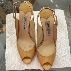 Jimmy Choo Tan Patent Leather Peep-Toe Slingback Heels